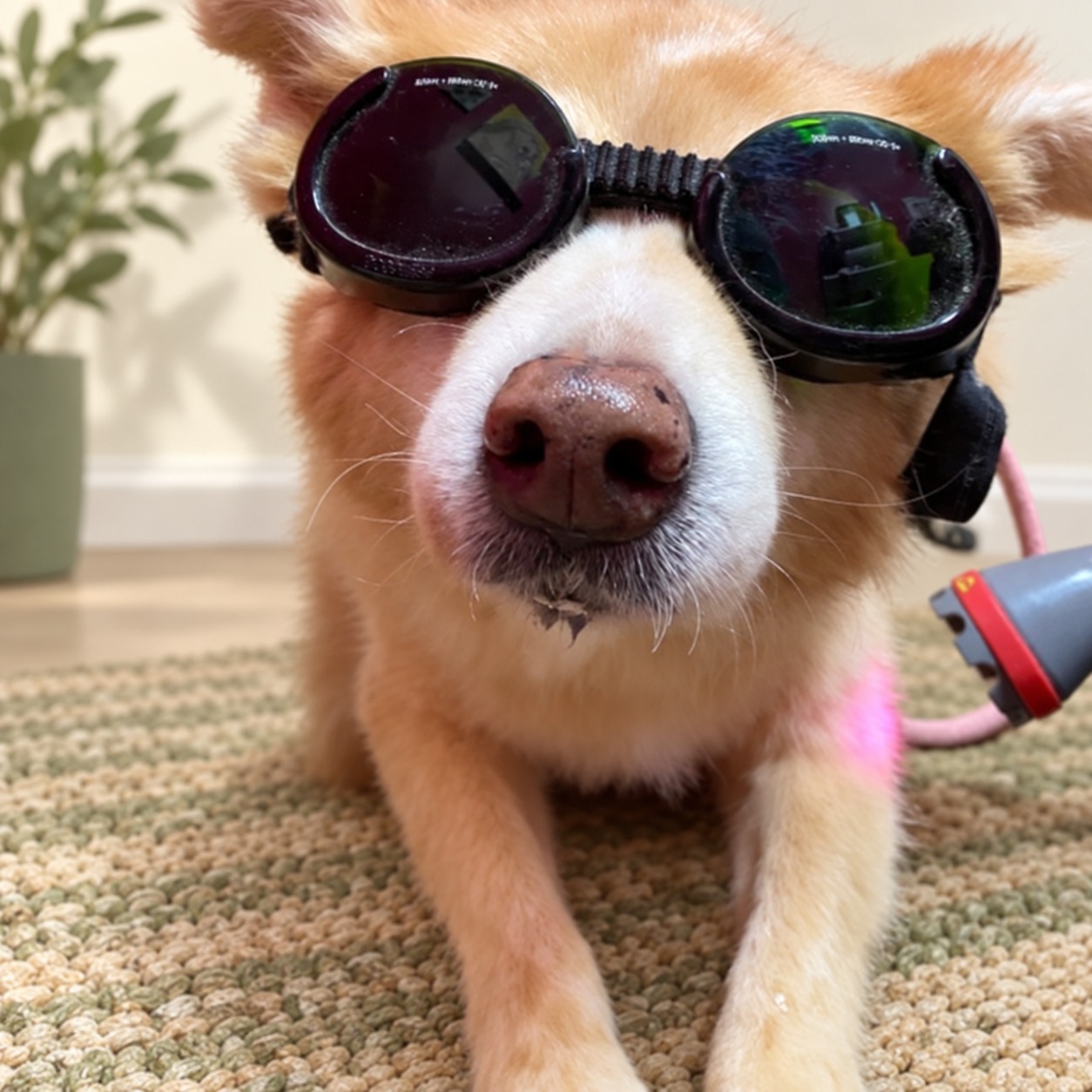 A dog wearing protective goggles during a laser therapy session at The Rescue Retreat