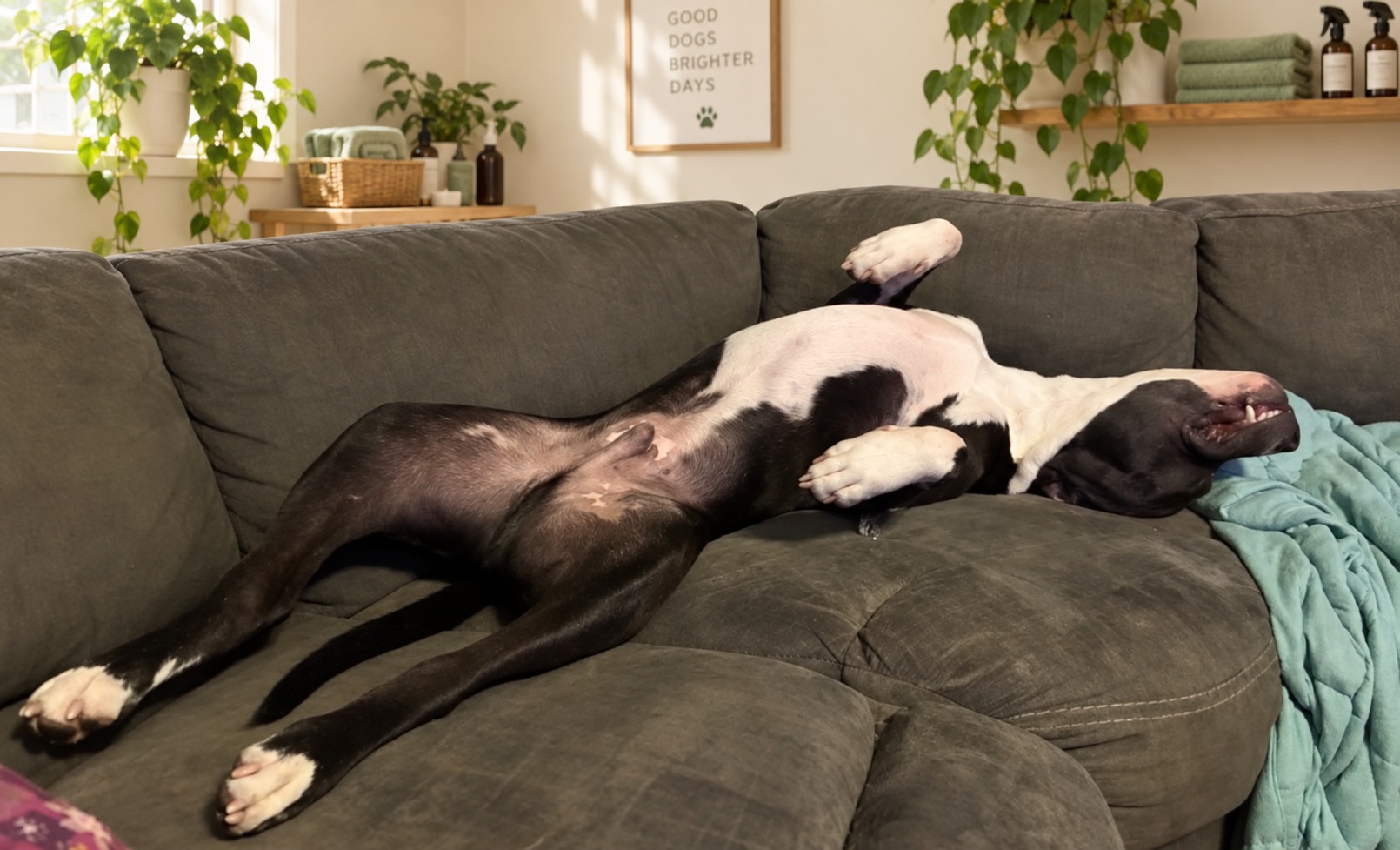 A relaxed dog lying on its back on a couch after a grooming session at The Rescue Retreat