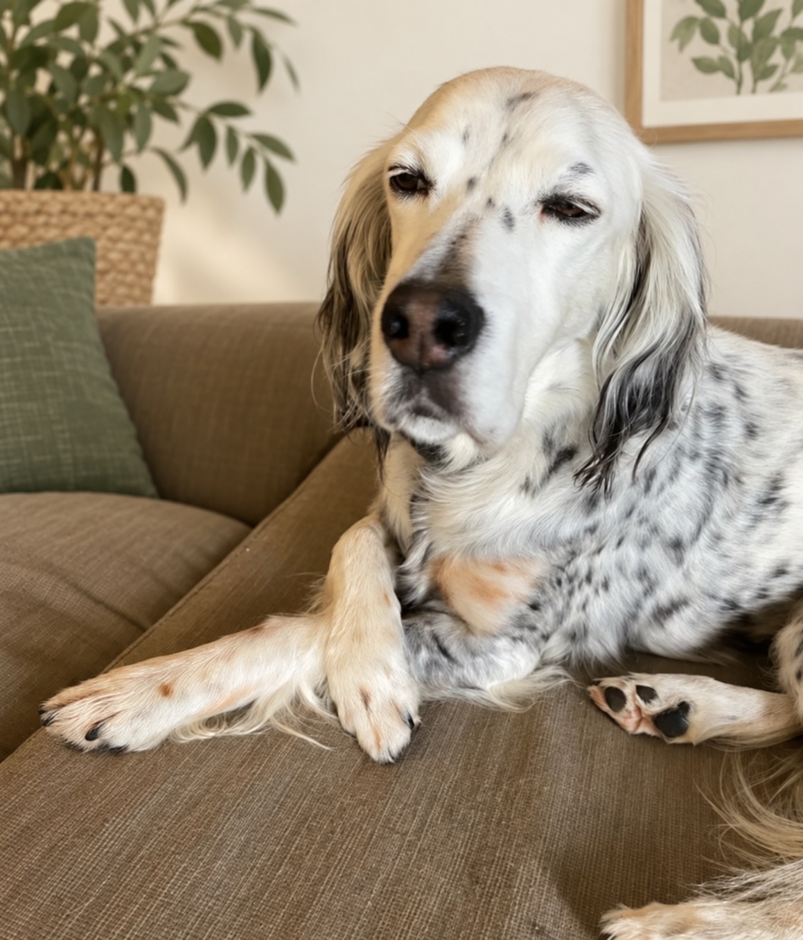 A calm, well-groomed English Setter resting peacefully after a grooming session at The Rescue Retreat